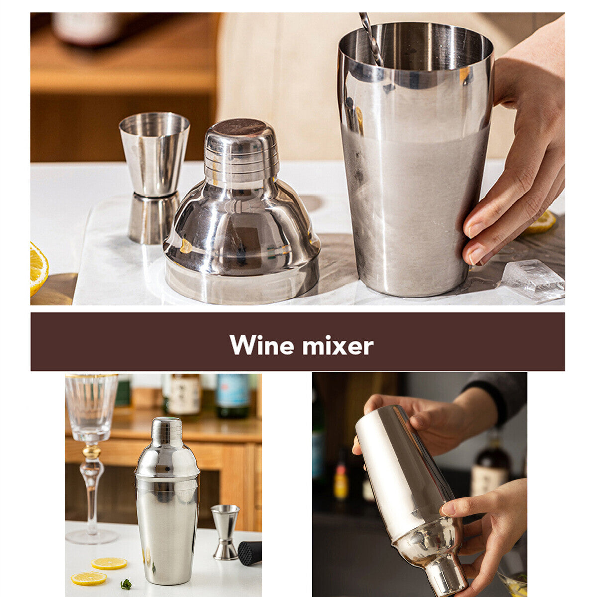 Cocktail Shaker Set with Bamboo Stand – 10pc Stainless Steel Bar Tools