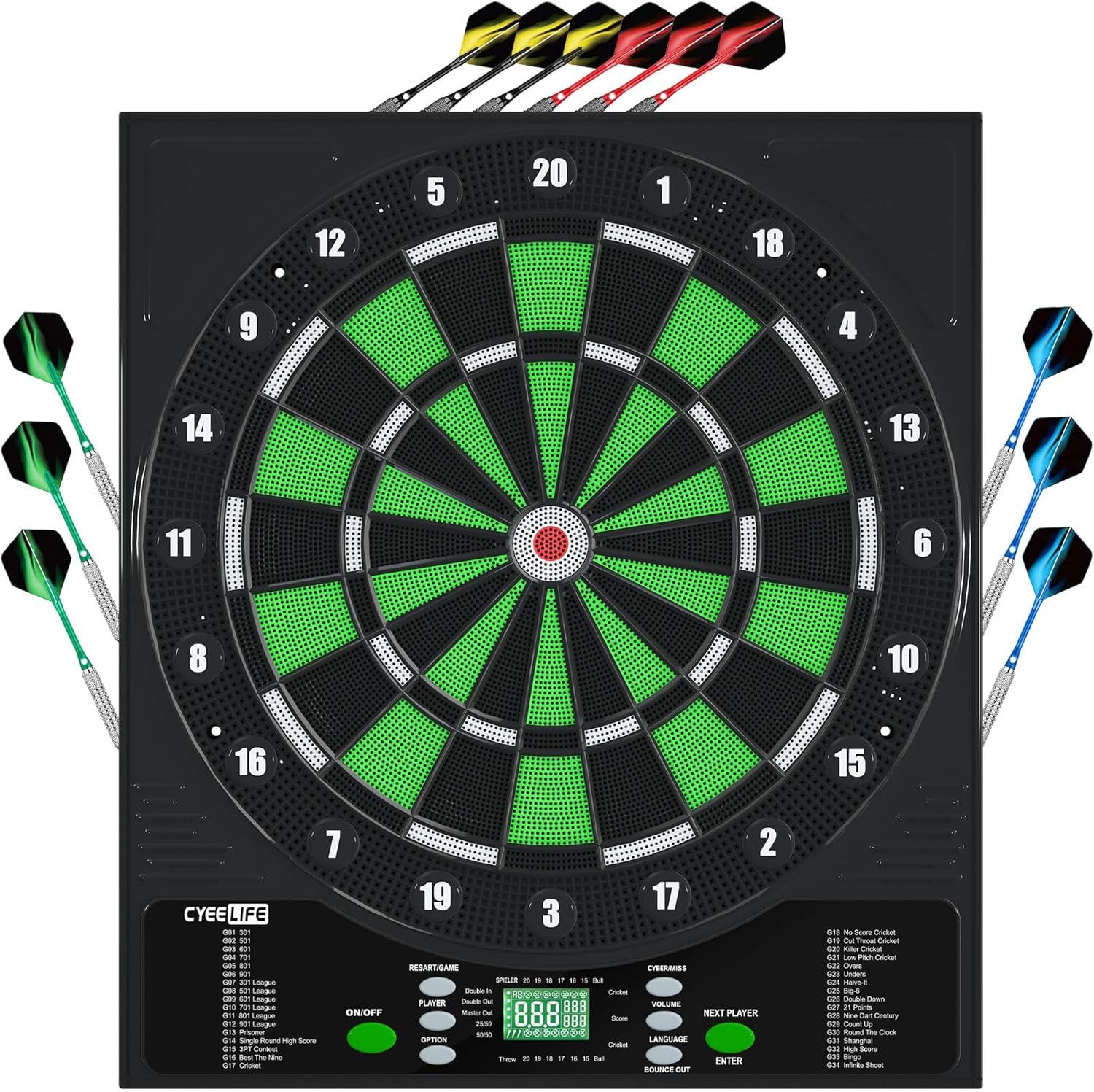 CyeeLife Professional Electronic Dartboard – 34 Games, 8 Players, 12 Darts