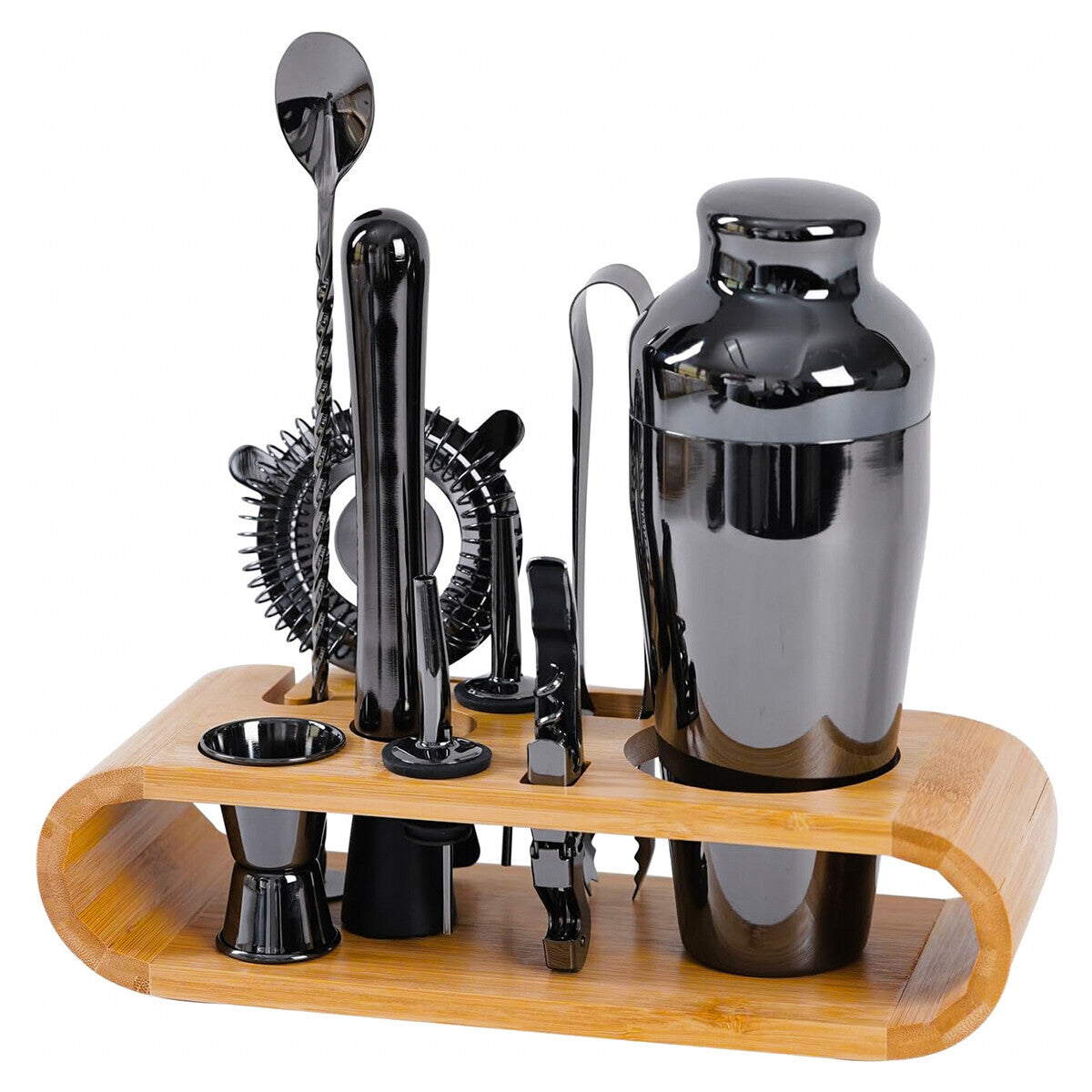 Cocktail Shaker Set with Bamboo Stand – 10pc Stainless Steel Bar Tools