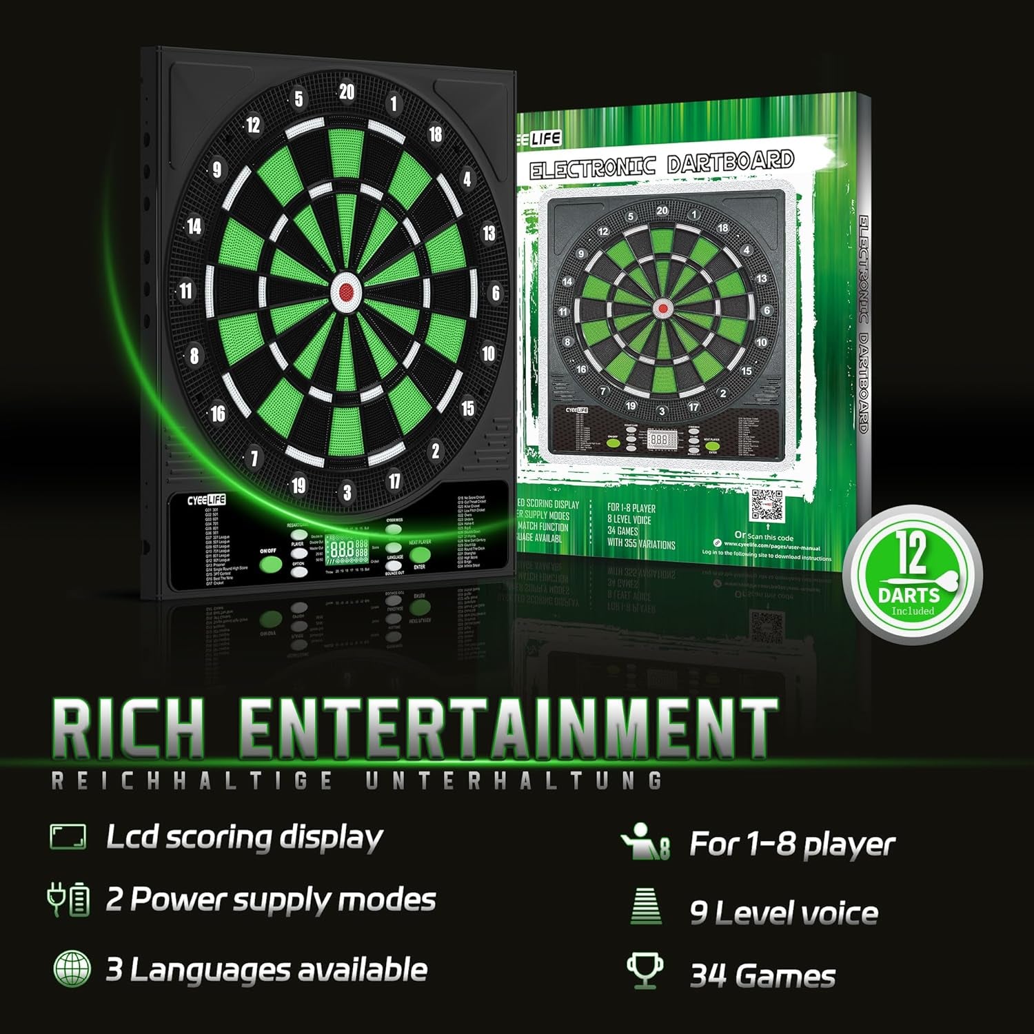 CyeeLife Professional Electronic Dartboard – 34 Games, 8 Players, 12 Darts