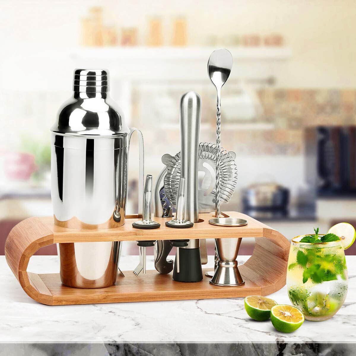 Cocktail Shaker Set with Bamboo Stand – 10pc Stainless Steel Bar Tools