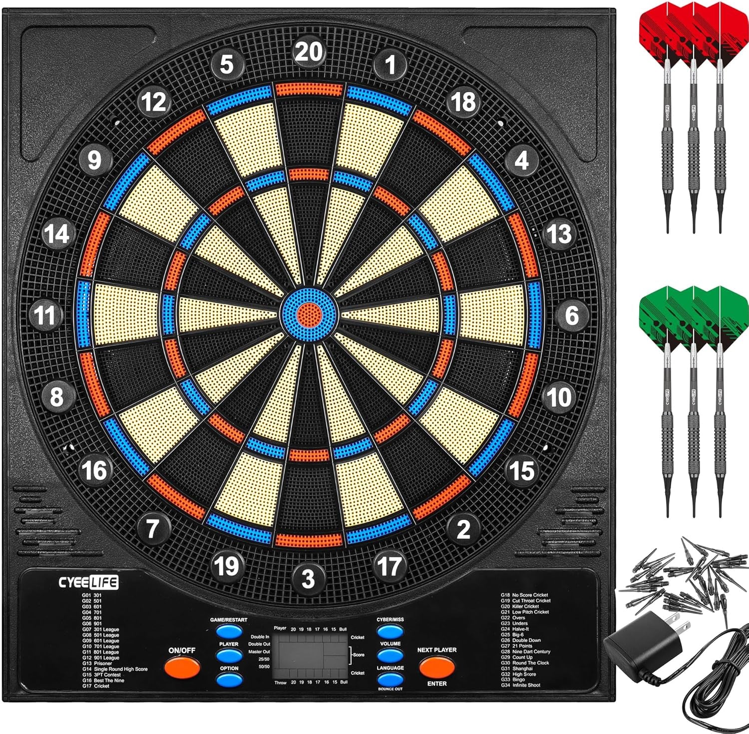 CyeeLife Electronic Dartboard with LED – 34 Games, 8 Players