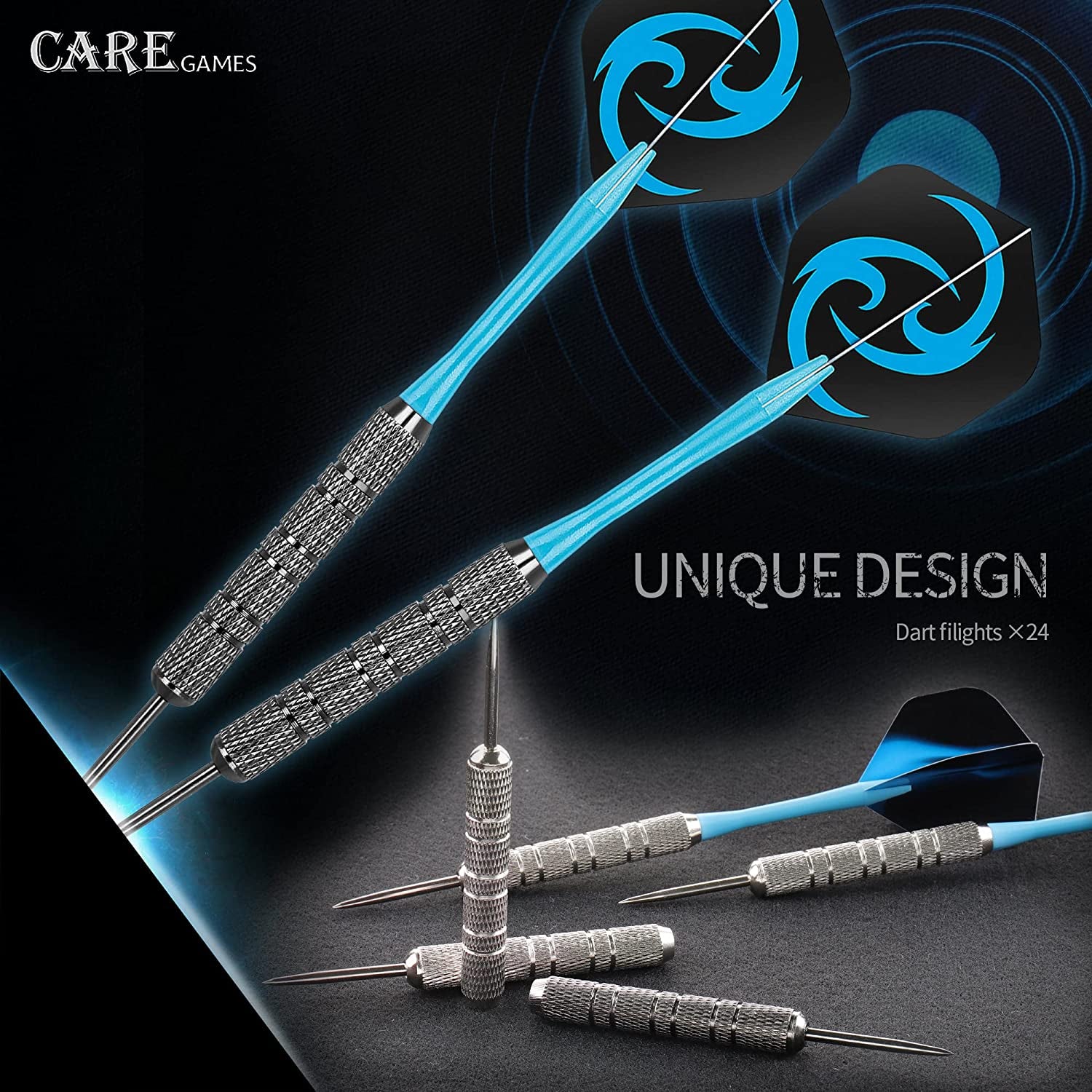 CareGames Steel Darts Set – 12 Pack with Flights, Sharpener & Protectors
