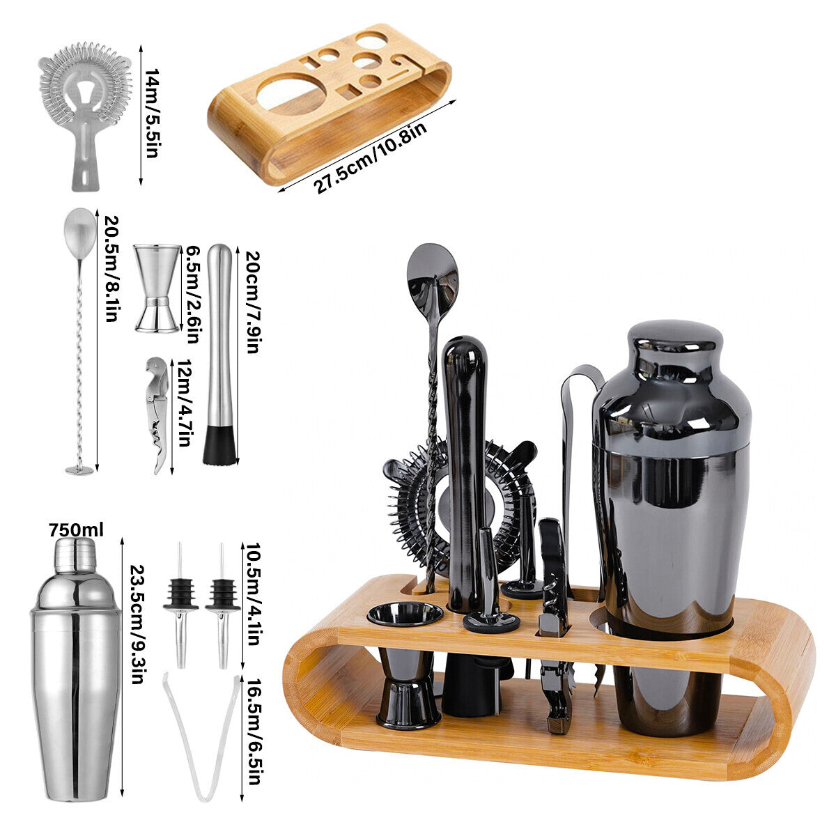 Cocktail Shaker Set with Bamboo Stand – 10pc Stainless Steel Bar Tools