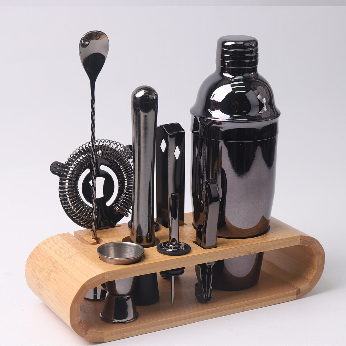 Cocktail Shaker Set with Bamboo Stand – 10pc Stainless Steel Bar Tools