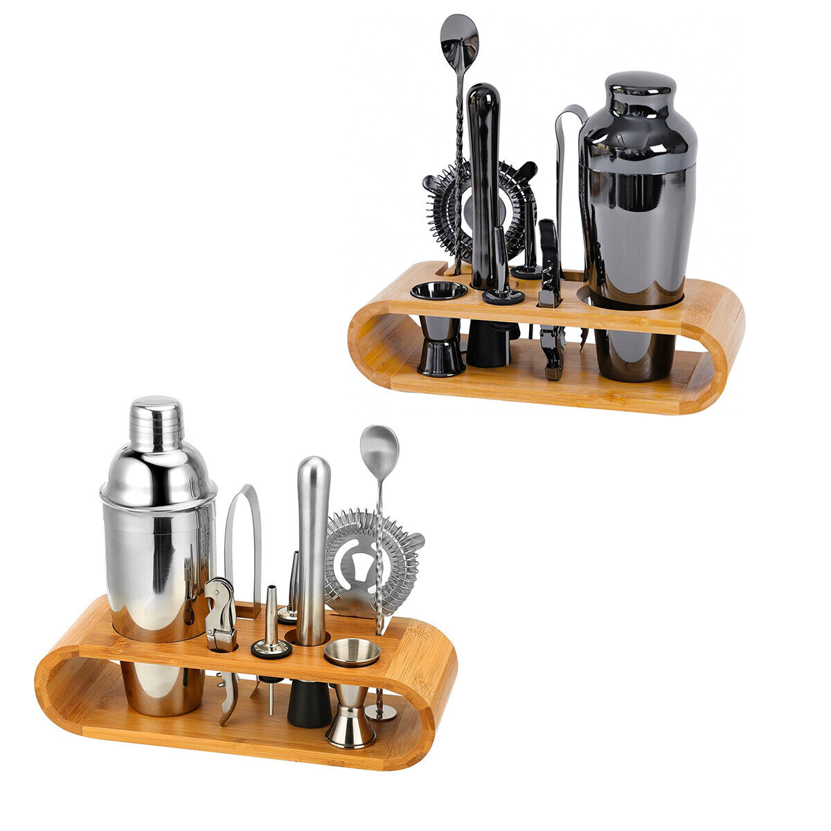 Cocktail Shaker Set with Bamboo Stand – 10pc Stainless Steel Bar Tools