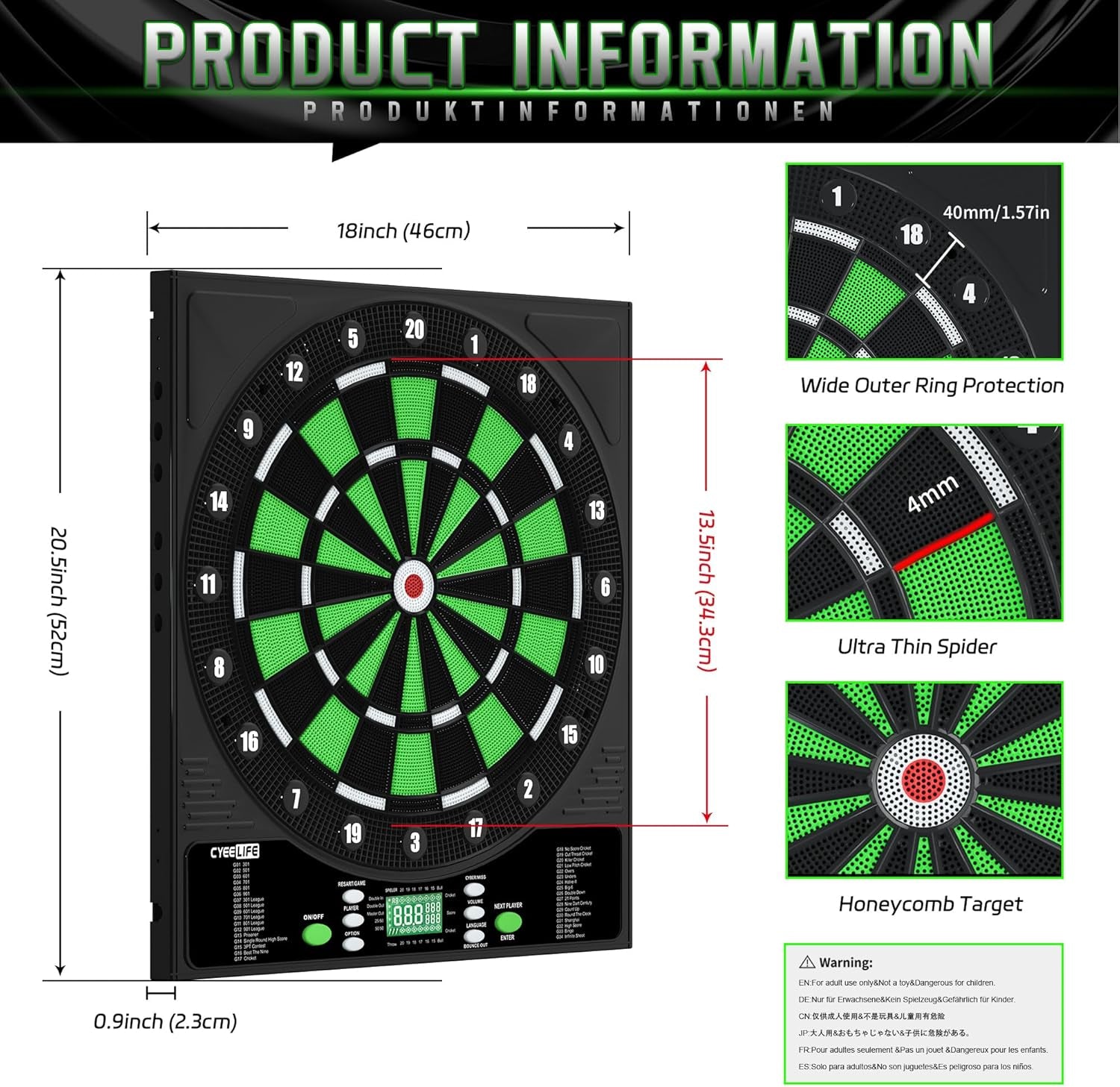 CyeeLife Professional Electronic Dartboard – 34 Games, 8 Players, 12 Darts
