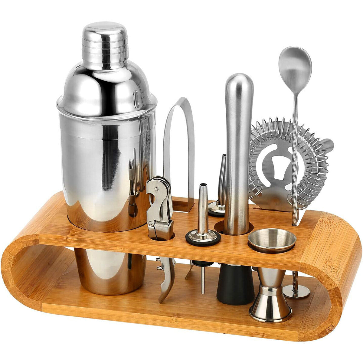 Cocktail Shaker Set with Bamboo Stand – 10pc Stainless Steel Bar Tools