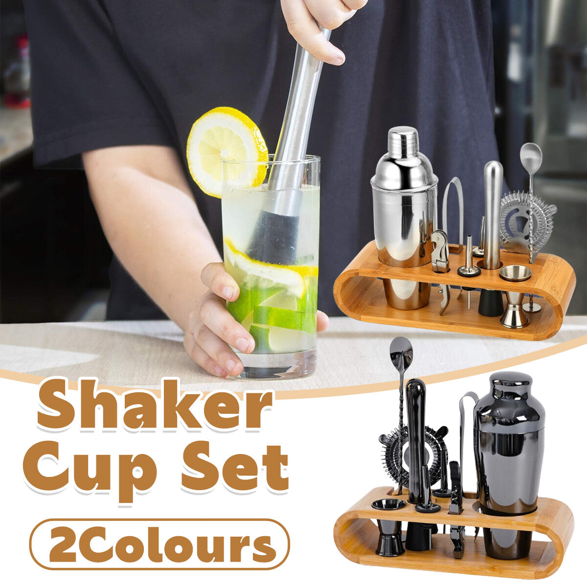 Cocktail Shaker Set with Bamboo Stand – 10pc Stainless Steel Bar Tools