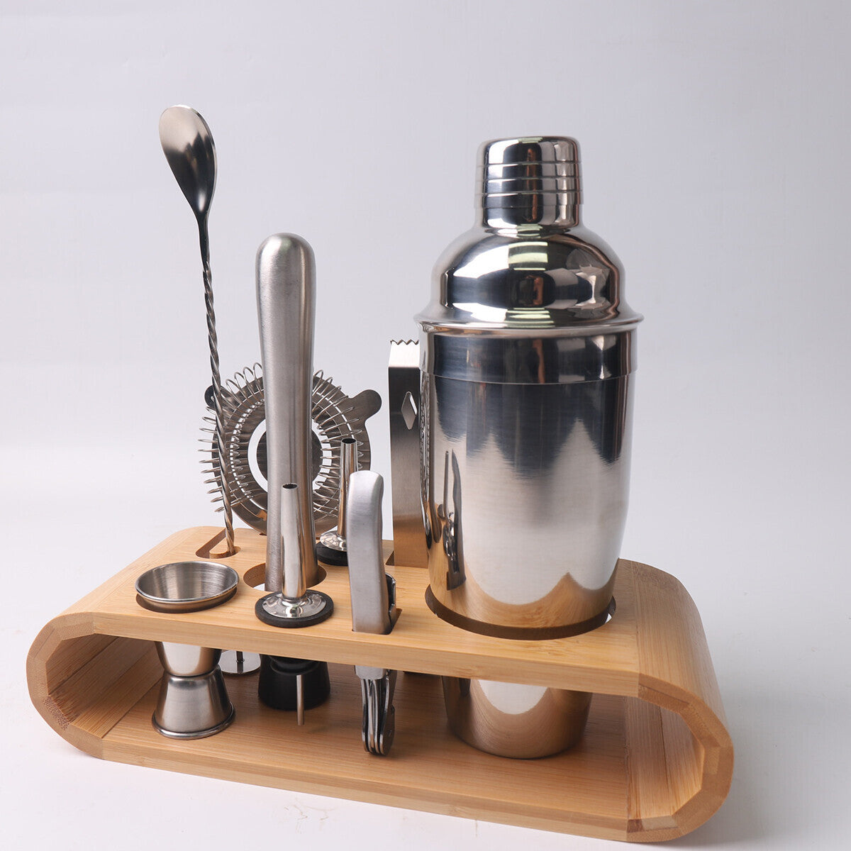Cocktail Shaker Set with Bamboo Stand – 10pc Stainless Steel Bar Tools