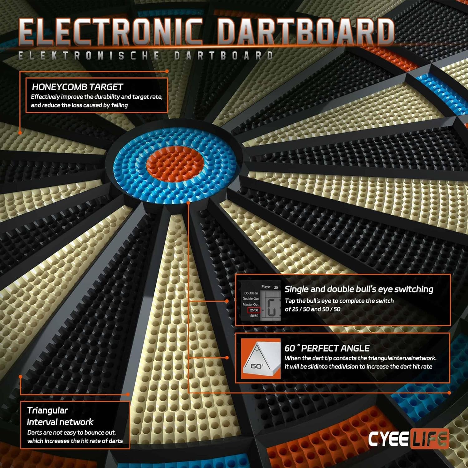 CyeeLife Electronic Dartboard with LED – 34 Games, 8 Players