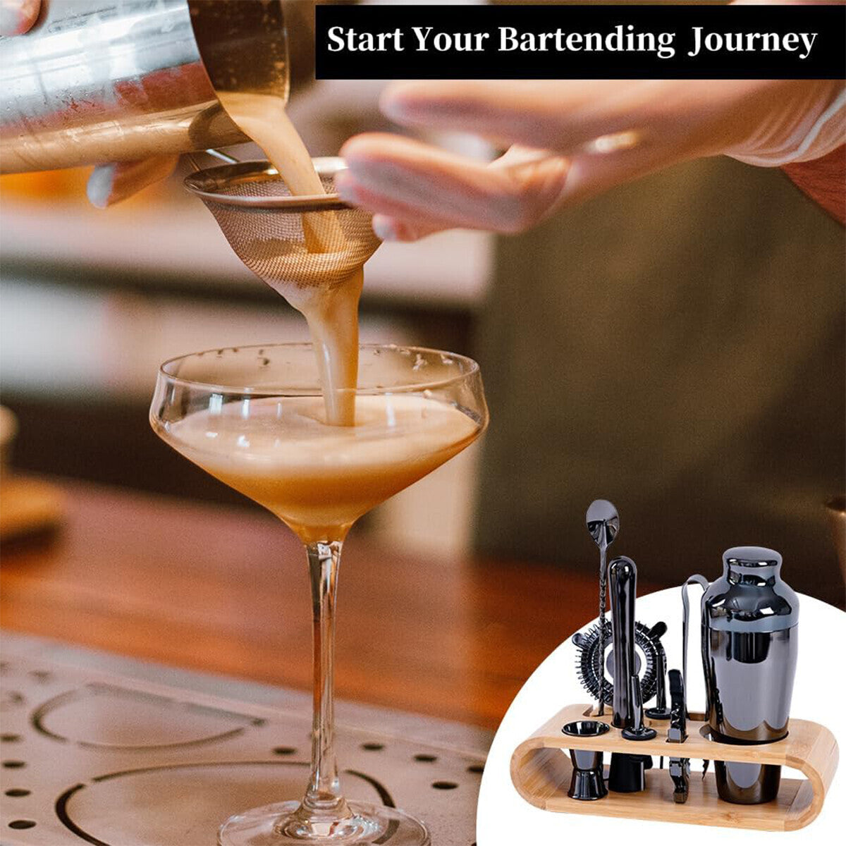 Cocktail Shaker Set with Bamboo Stand – 10pc Stainless Steel Bar Tools