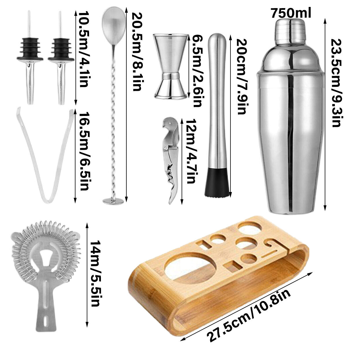 Cocktail Shaker Set with Bamboo Stand – 10pc Stainless Steel Bar Tools
