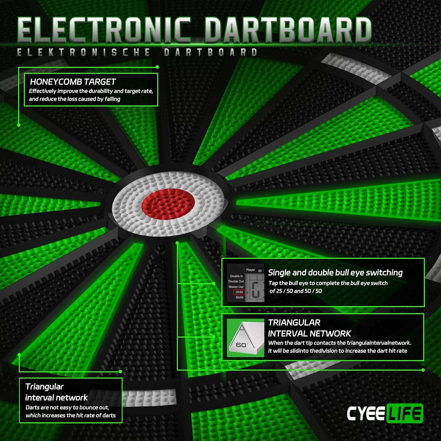 CyeeLife Professional Electronic Dartboard – 34 Games, 8 Players, 12 Darts