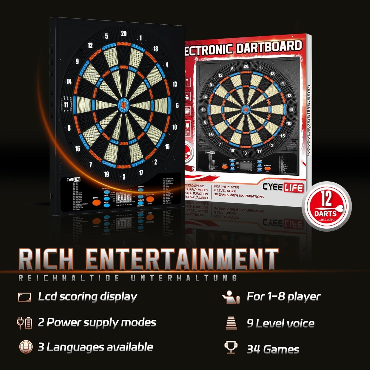 CyeeLife Electronic Dartboard with LED – 34 Games, 8 Players