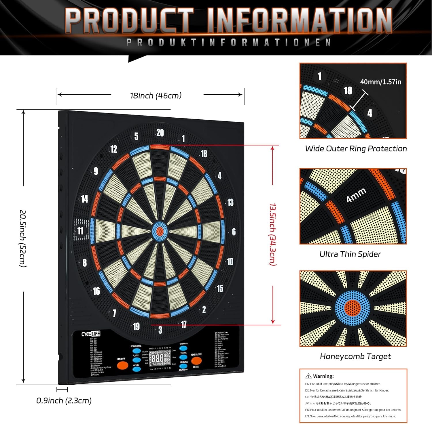 CyeeLife Electronic Dartboard with LED – 34 Games, 8 Players