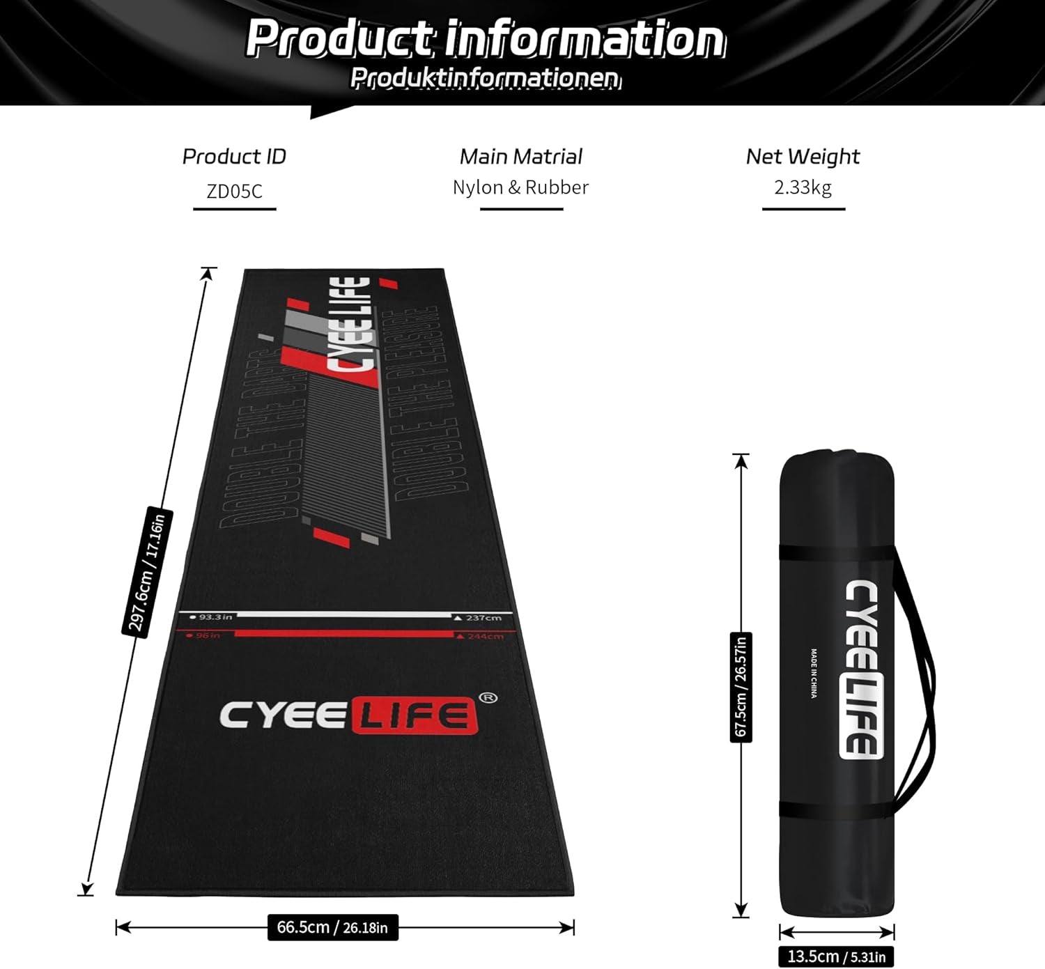 CyeeLife Dartboard Mat with Throw Lines – 297×66cm Carpet Protector