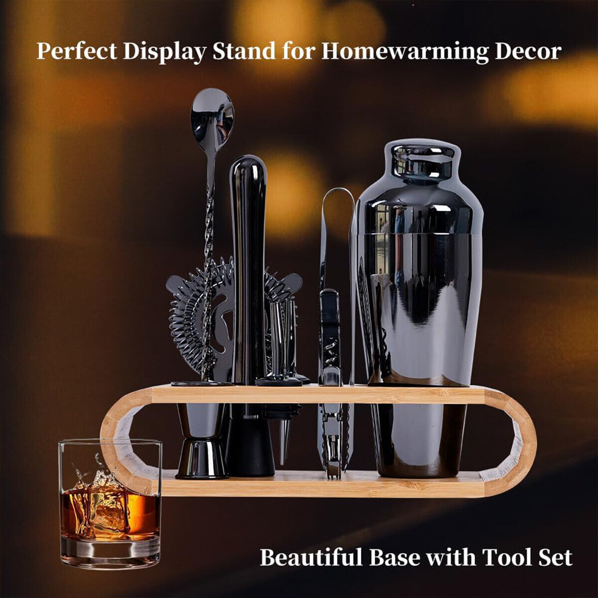 Cocktail Shaker Set with Bamboo Stand – 10pc Stainless Steel Bar Tools