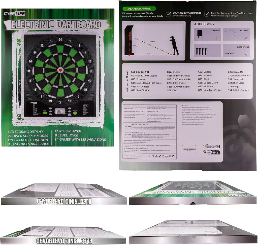 CyeeLife Professional Electronic Dartboard – 34 Games, 8 Players, 12 Darts