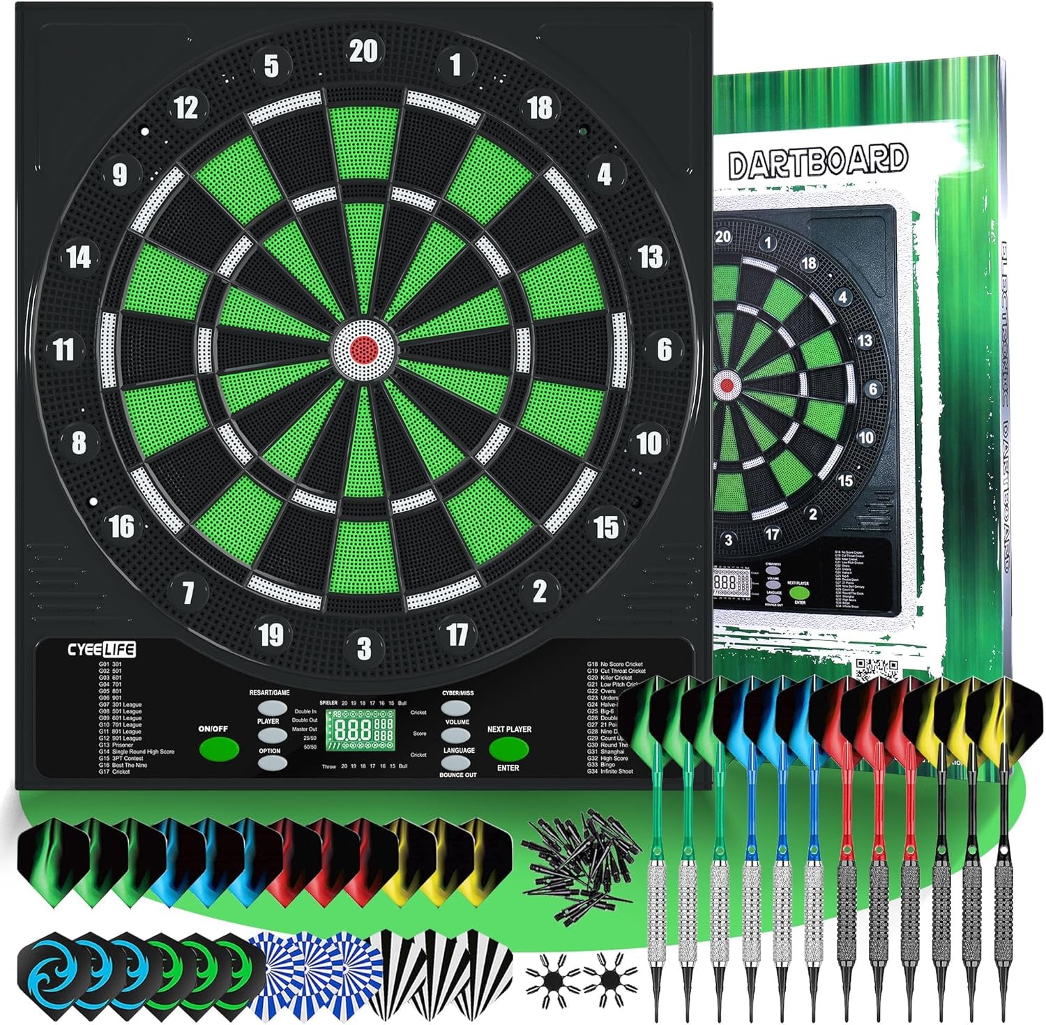 CyeeLife Professional Electronic Dartboard – 34 Games, 8 Players, 12 Darts