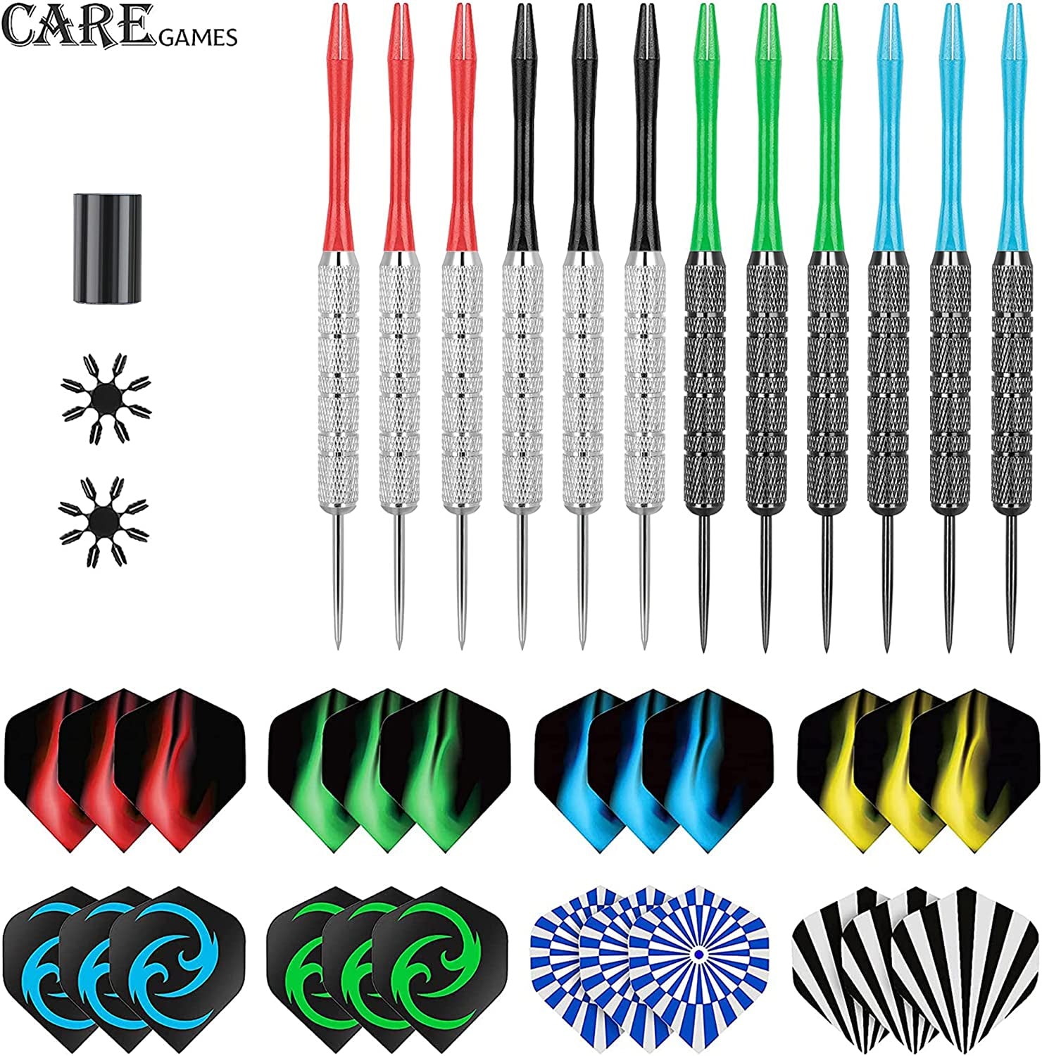 CareGames Steel Darts Set – 12 Pack with Flights, Sharpener & Protectors