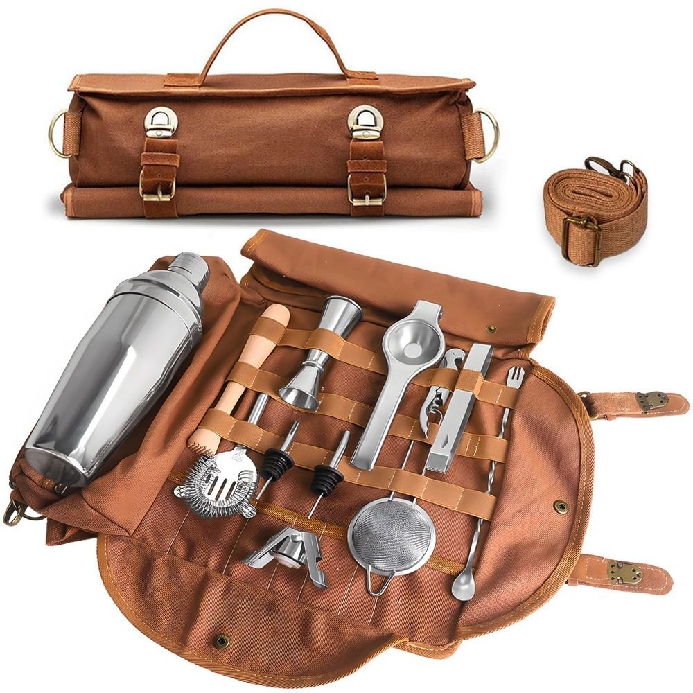 Portable Canvas Bartender Bag - Roll Up Travel Bag
