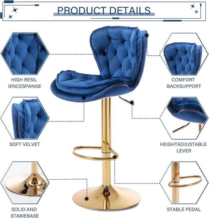 Velvet Upholstered Adjustable Bar Stools Set of 2 - Image 4