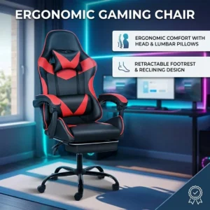 Alternative view of Black and Red Gaming Chair with Footrest