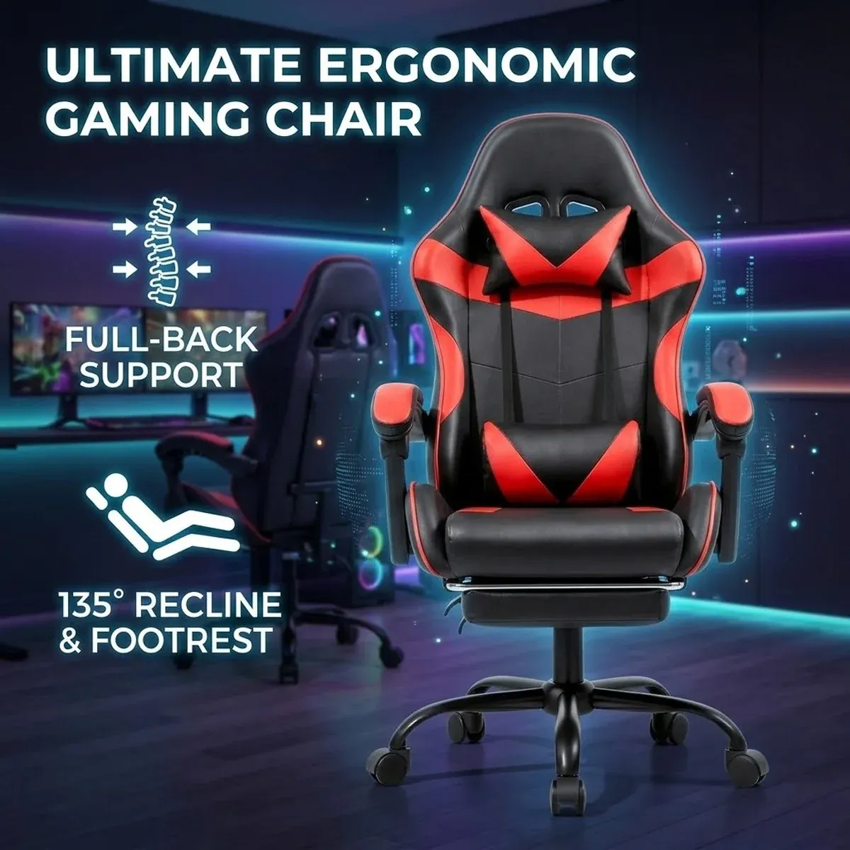 Black and Red Gaming Chair with Footrest - Image 4