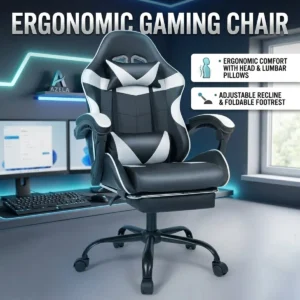 Black and White Gaming Chair with Footrest