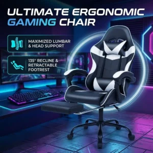 Alternative view of Black and White Gaming Chair with Footrest
