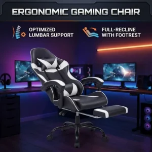 Black and White Gaming Chair with Footrest - Image 3