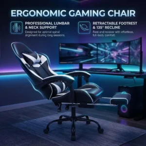 Black and White Gaming Chair with Footrest - Image 4