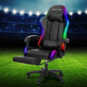 6-Point Massage Gaming Chair with LED Lights & Footrest – Black