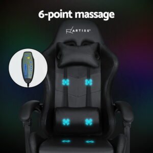 6-Point Massage Gaming Chair with LED Lights & Footrest – Black - Image 5