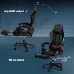 6-Point Massage Gaming Chair with LED Lights & Footrest – Black - Image 6