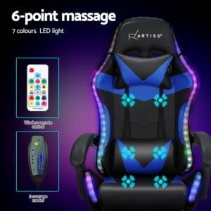 6-Point Massage Gaming Chair with LED Lights & Footrest – Blue - Image 4