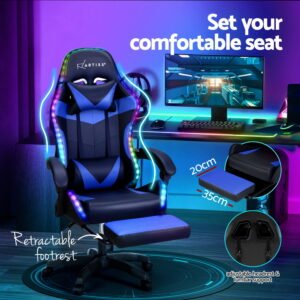 6-Point Massage Gaming Chair with LED Lights & Footrest – Blue - Image 5